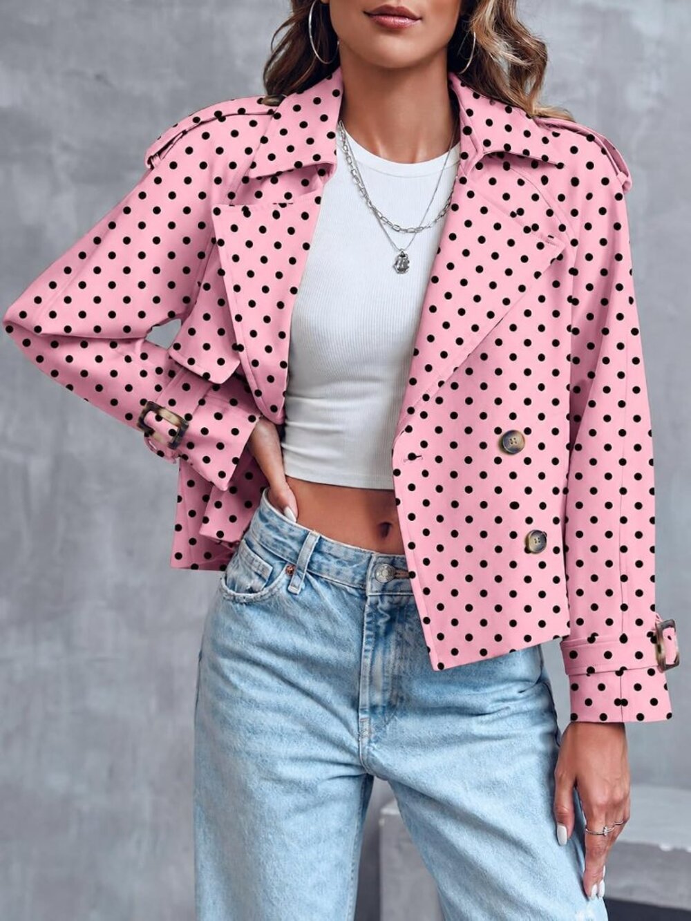 Women's Pink Polka Dots Cropped Raglan Sleeve Lapel Double Breasted Trench Coat - Picture 2 of 5